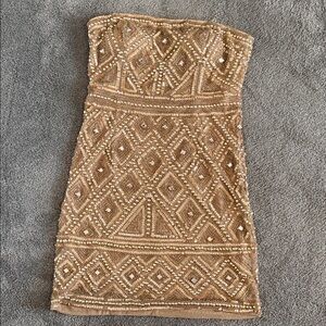 ADRIANNA PAPELL Gold Beaded Strapless Dress